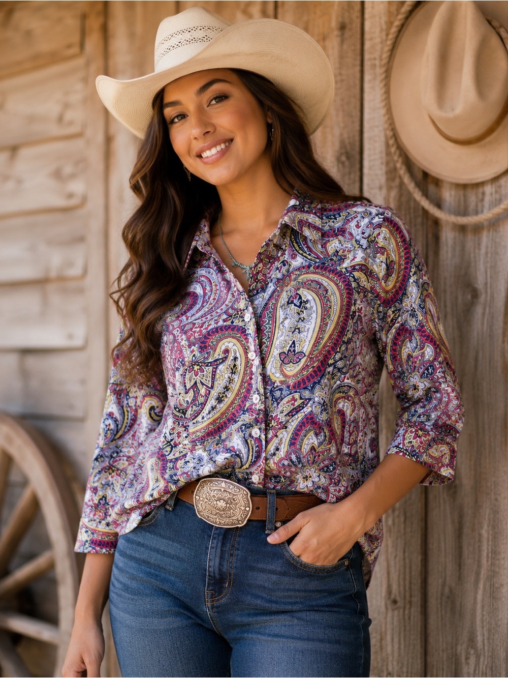 Dana Buchman Paisley Button Front Stretch Shirt Womens Large L